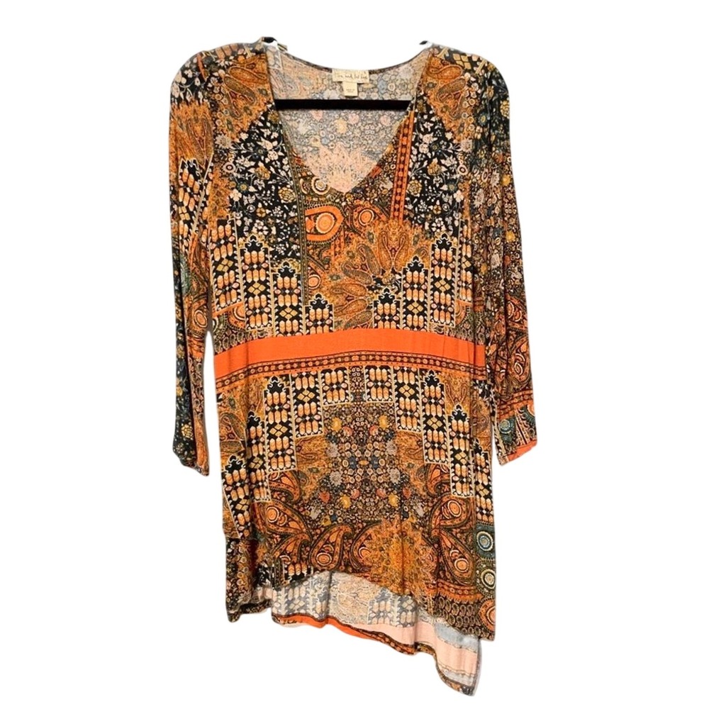 Live‎ and Let Live Tunic Orange Paisley Boho Asymmetrical V-Neck Women Small/Med